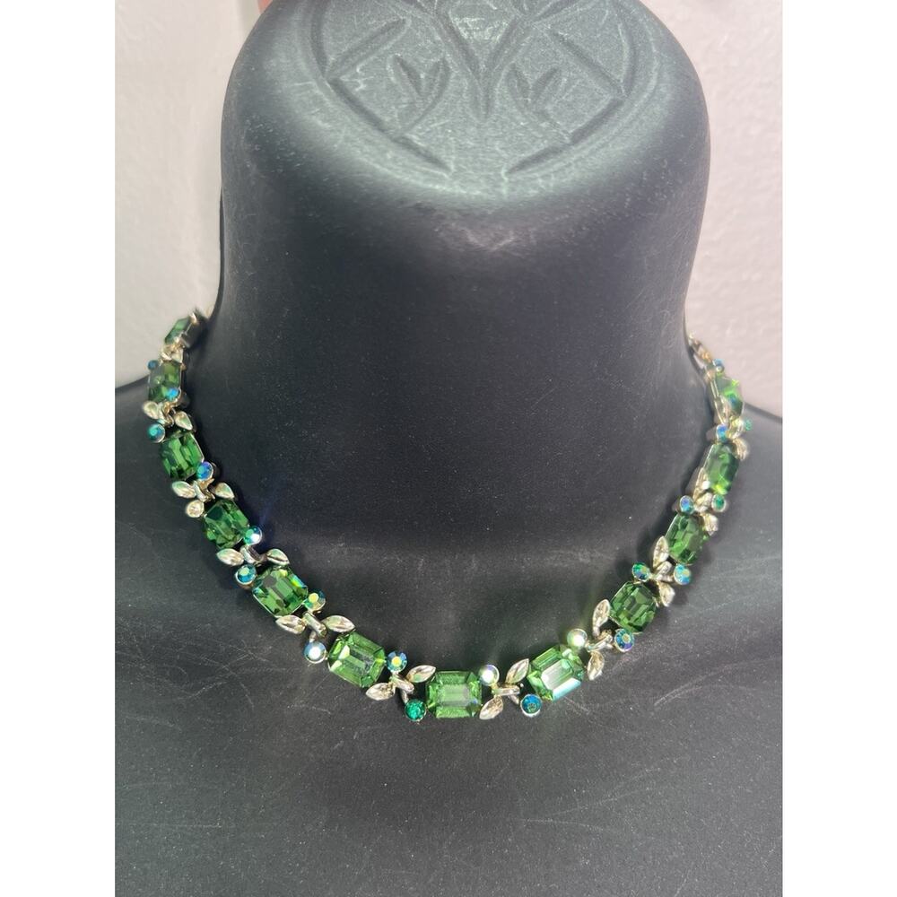 Vintage Lisner Signed Green Emerald Cut Rhinestone Choker Necklace